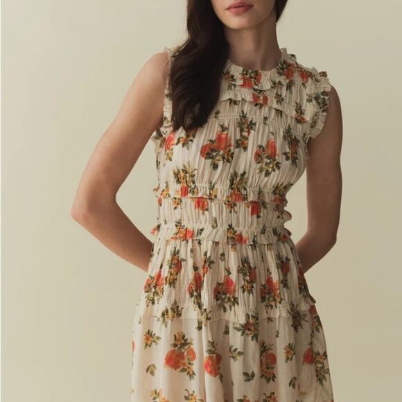 Doen Martha Shirred Ruffle Cotton Sleeveless Mini Dress Orangerie Floral - Picture 4 of 14